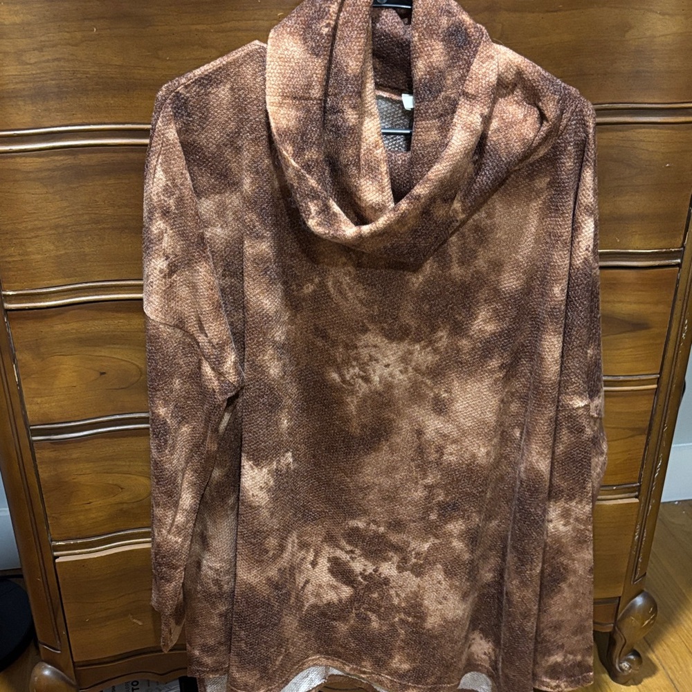 Zenana Outfitters Brown Tie-Dye Cowl Neck Sweater